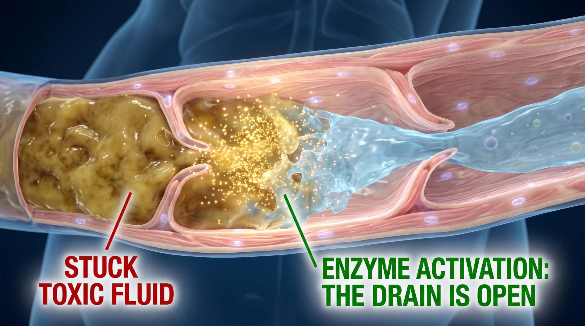 3D rendering of lymphatic vessel showing stuck toxic fluid versus enzyme activation opening the drain