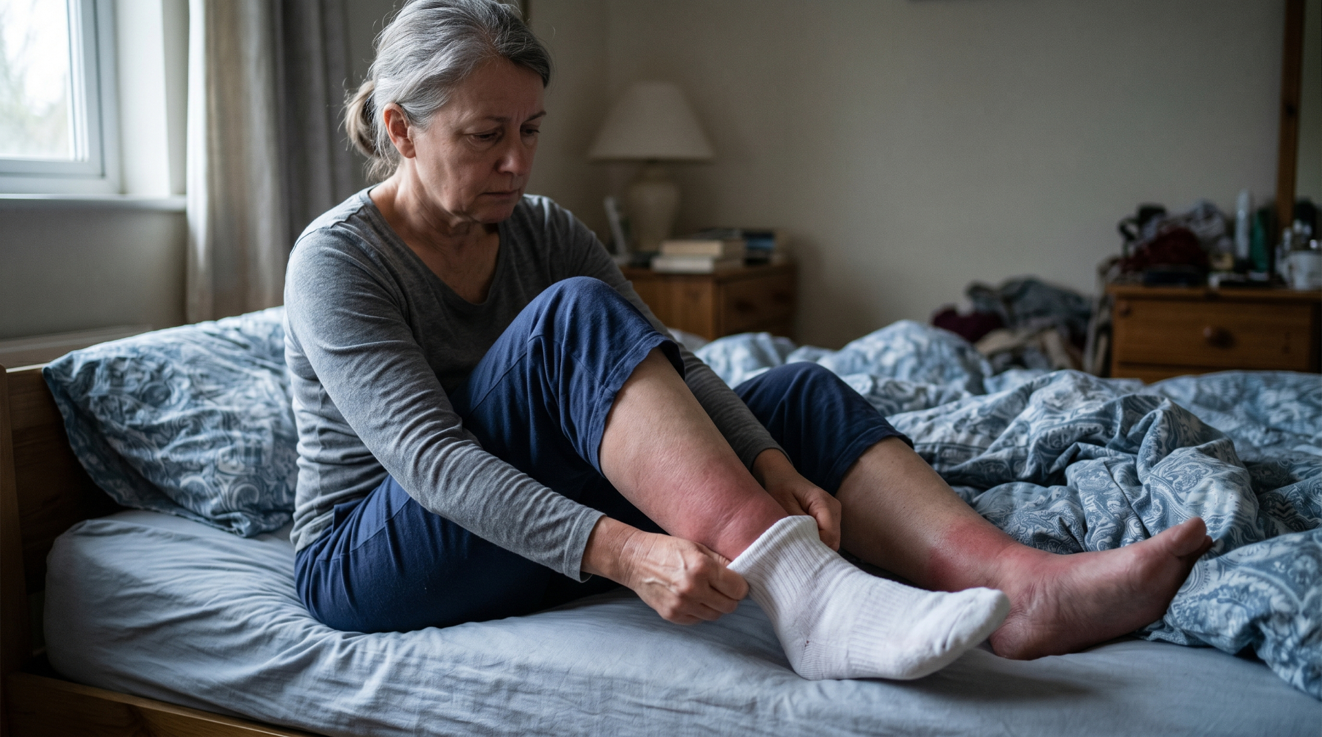 Woman over 30 checking swollen ankles and water retention — are you overweight or waterlogged?