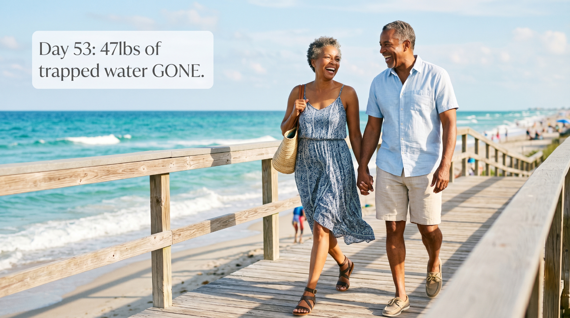 Day 53 transformation: smiling couple over 30 walking on beach boardwalk after losing 47 pounds of trapped water weight